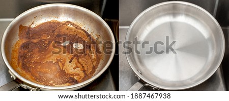 Compare image before and after cleaning the unclean able stained pot from burnt cooking pan. The dirty stainless steel pan with the clean pan clean shiny bright like new in the kitchen sink. Royalty-Free Stock Photo #1887467938