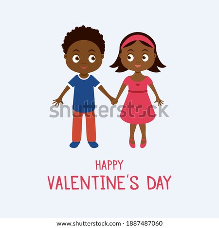 Happy Valentine's Day greeting card with cute african american kids illustration. Two cute african american kids holding hands icon. Valentine african kids icon. Important day