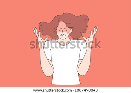 Anger, rage, screaming concept. Young mad crazy teen girl cartoon character gesturing with hands and shouting with anger and negative emotions vector illustration  Royalty-Free Stock Photo #1887490843