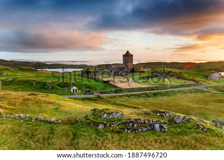 Moody sunset over the old church at Rodel on the Isle of Harris in the Outer Hebrides of Scotland Royalty-Free Stock Photo #1887496720
