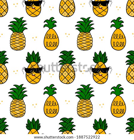 Vector seamless pattern background with pineapples in different sizes and shapes for tropical food design.