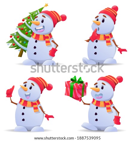 Cartoon Christmas snowmen.  Funny snow man in different costumes and in hat, scarf and mittens collection on white background. Merry Christmas design element. Vector illustration
