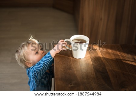 Little child try to grab cup of hot tea on the table. Attention hot content concept. Royalty-Free Stock Photo #1887544984