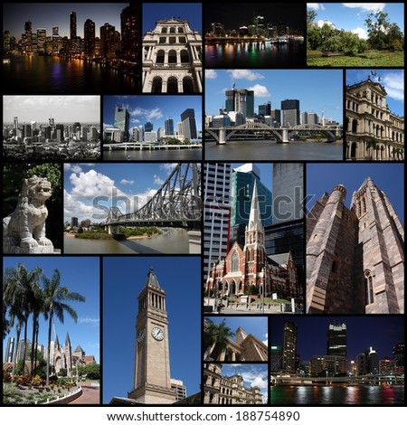 Photo collage from Brisbane, Australia. Collage includes major landmarks like the cathedral, Story Bridge and city skyline.