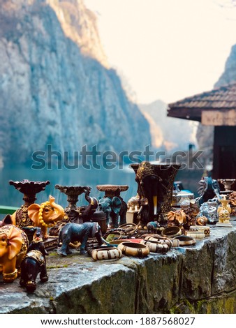 Antique souvenirs made of bronze and elephant bone for sale at Canyon Matka, Skopje, Macedonia