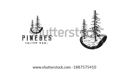 double pines logo vintage free, retro vintage evergreen, explore, camping, and adventure. custom wooden logo vintage isolated white background. 