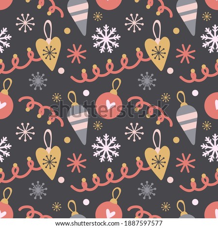 Seamless vector pattern in girl palette with snowmans, snowflakes, christmas tree and presents. Lovely print for children wallpapers, wrapping paper or textile.