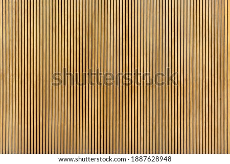 Wood slats, timber battens wall pattern surface texture. Close-up of interior material for design decoration background Royalty-Free Stock Photo #1887628948