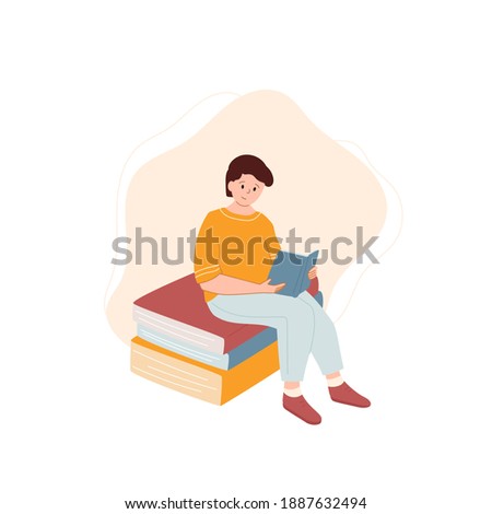 Boy sitting at the abstract big books and reading. Concept of distance studying, learning, self education. Vector illustration in flat style isolated on white background. Character design.