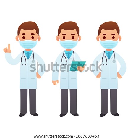Cartoon doctor character illustration set. Male medic in face mask standing and pointing. Cute cartoon medical worker vector clip art.