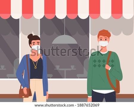 Couple of people is using protective medical masks. People adhere to quarantine regulations. Cartoon characters on the background of a cafe, quarantine period, pandemic time, vector illustration