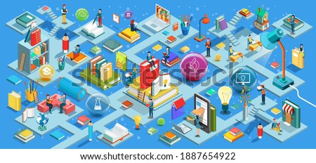 Education Isometric flat design. The concept of learning and reading books in the library and in the classroom. University studies. Illustration