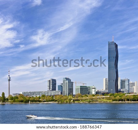 Amazing Skyline of Donau City Vienna and the brand new DC-Tower,  the tallest skyscraper in Austria.