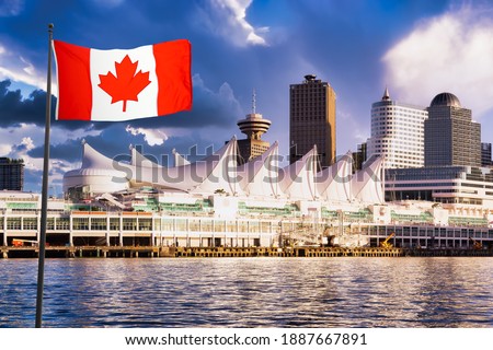 Canada Place and commercial buildings in Downtown Vancouver. Canadian National Flag Composite. British Columbia, Canada. Dramatic Sunset Sky