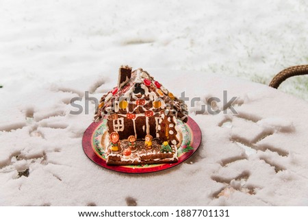 Ginger bread in the backyard covered with snow.Christmas time in Bucharest