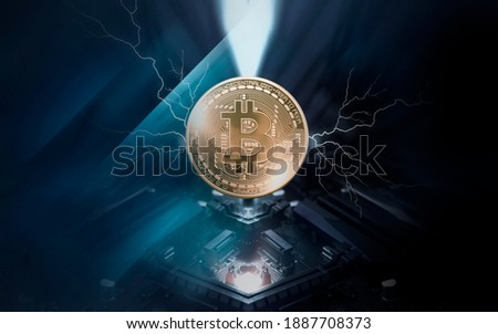 Background Computer hardware and gold bitcoin. Mining, capacity growth. Technical background, lens flare, glow.