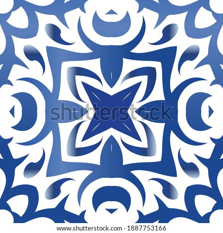 Antique portuguese azulejo ceramic. Vector seamless pattern poster. Geometric design. Blue floral and abstract decor for scrapbooking, smartphone cases, T-shirts, bags or linens.