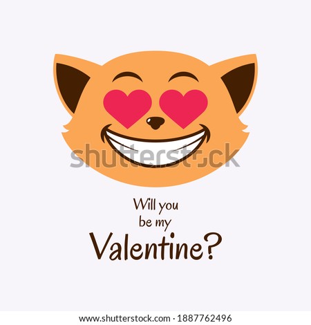 Will you be my Valentine greeting card with cute cat in love illustration. Smiling emoticon cat face with hearts instead eyes icon. Funny laughing cat icon. Valentine cat clip art. Important day