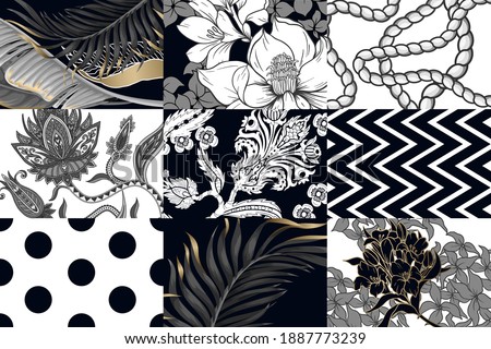 Seamless pattern in patchwork style with monochrome patterns and flowers. Vector