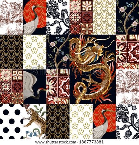 Seamless pattern in patchwork style with Japanese patterns. Vector.