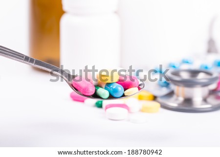 Various pills for treatment your disease with white background
