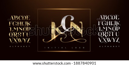 Set of Elegant Gold Colored Metal Chrome alphabet font. Typography classic style golden font set for logo, Poster, Invitation. vector illustration - Vector Royalty-Free Stock Photo #1887840901