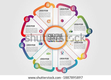 Infographics chart 8 steps options business concept horizontal timeline process template. Vector modern banner used for presentation and workflow layout diagram, web design. world map.