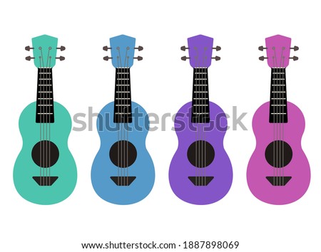 Set of flat multicolor cartoon ukulele. Hawaiian music. Musical string instrument. Vector element for postcards, banners, sticker and your creativity