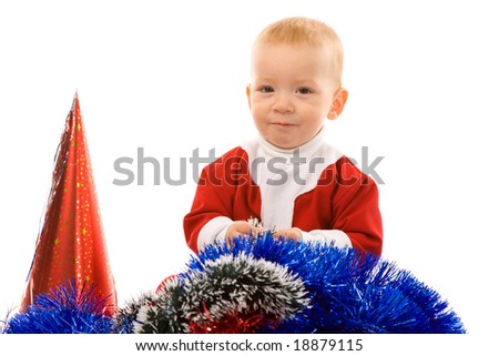 little boy with christmas gifts on a white background