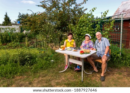 a group of mature people dine with natural products at a table in the garden on a summer sunny day.