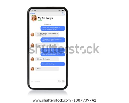 Mockup of mobile phone with sample chat app and text bubbles on screen Royalty-Free Stock Photo #1887939742