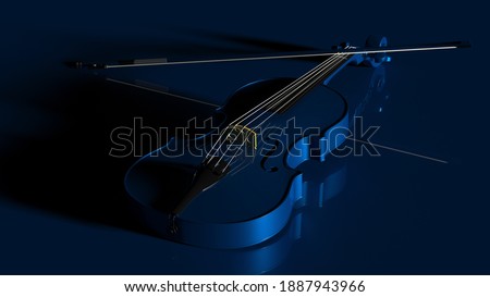 Dark Blue classic violin on brown plate under spot lighting background. 3D sketch design and illustration. 3D high quality rendering. 3D CG.