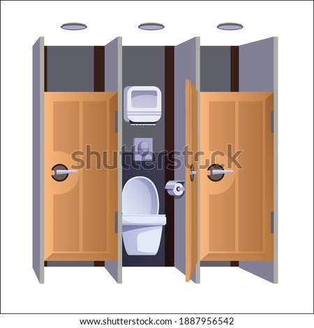 Public toilet interior design background elements. Modern restroom view vector illustration. WC room with toilets with doors, paper towels, button on wall. Clean lavatory.