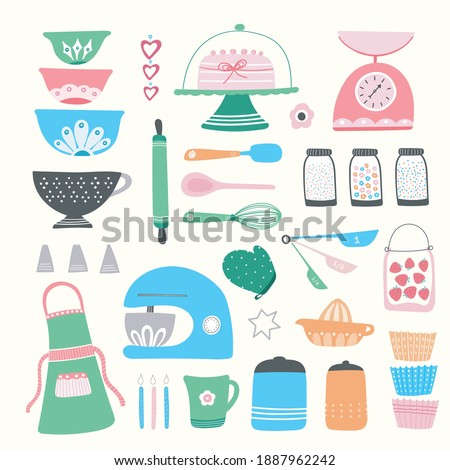 Baking kitchen icon set, vector illustrations of home cooking equipment, cute and colourful hand drawn design resource.