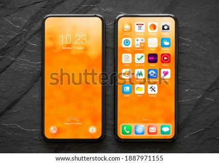 Mobile phone with locked and home screens, mockup of user interface and app icons