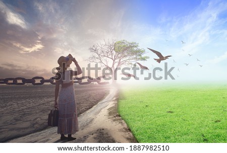 End of life care concept: Woman standing between climate worsened with good atmosphere and birds flying and broken chain Royalty-Free Stock Photo #1887982510