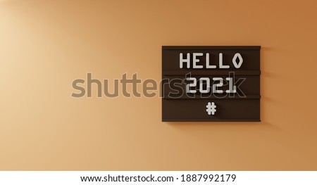 Hello 2021 concept on brown wood scene Attached to the orange cream wall - 3d rendering