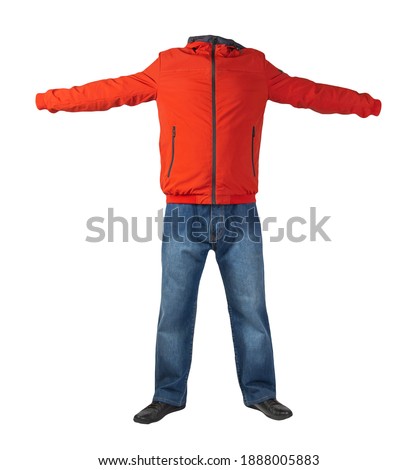 dark blue jeans, black leather shoes,red jacket with a hood isolated on white background. Casual style