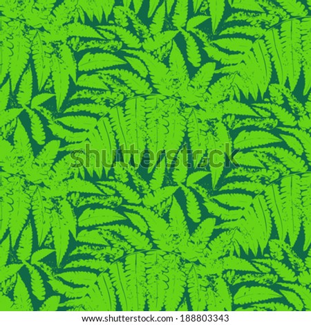 Seamless floral vector pattern inspired by leaves of tropical plants and nature, mostly ferns and palm trees in multiple green colors
