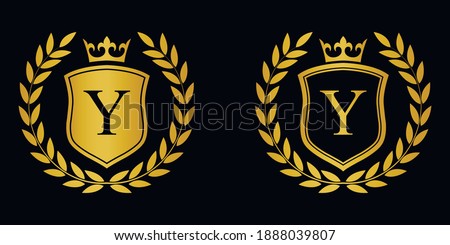 Golden Letter Y laurel wreath template logo Luxury shield letter with crown. Monogram alphabet . Beautiful royal initials letter.