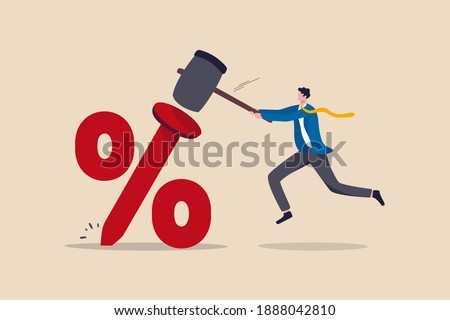 Federal Reserve low interest rate or central bank with long time zero percent interest rate until economic recover concept, businessman FED leader using hammer to nailed percentage sign to the floor. Royalty-Free Stock Photo #1888042810