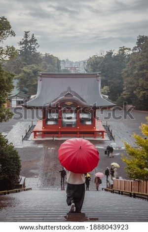 Japanese famous touristic spot - Tsurugaoka Hachimangu shrine.
A girl wondering around the shrine in the rain.
