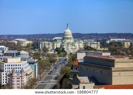 Washington DC, skyline with Capitol building and other Federal buildings on Pennsylvania Street