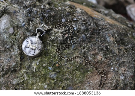 pocket watch with horse engraving on a tree