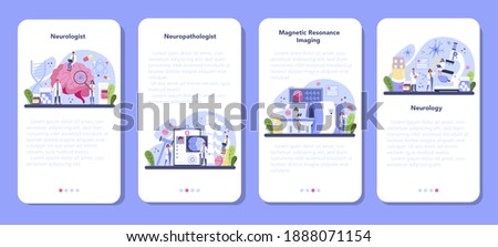 Neurologist mobile application banner set. Doctor examine human brain. Idea of doctor caring about patient health. Medical MRI diagnosis and consultation. Vector illustration in cartoon style