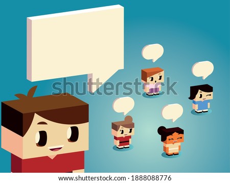 kids, boys and girls characters cartoon talk bubbles, isometric design vector illustration
