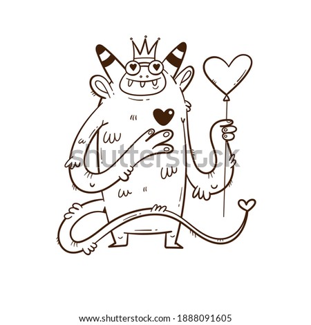 Valentine's day card with cute cartoon monster and balloon. Greeting print with doodle funny animal. Line art poster for children