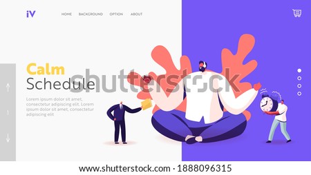 Calm Male Character Office Worker Meditating at Workplace Landing Page Template. Relaxed Businessman in Lotus Position Doing Yoga in Messy Office Ignoring Problems. Cartoon People Vector Illustration