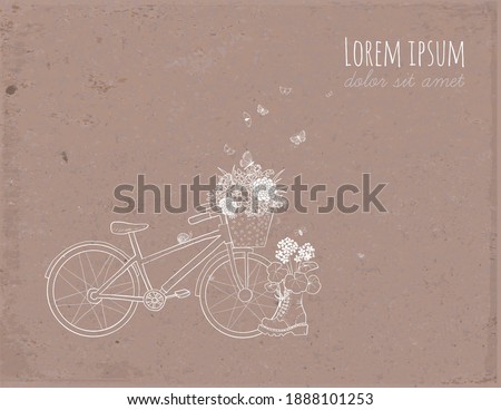 Decorative garden elements. Flowers in bike basket and old boot on brown parcel paper background. Doodle sketch illustration.