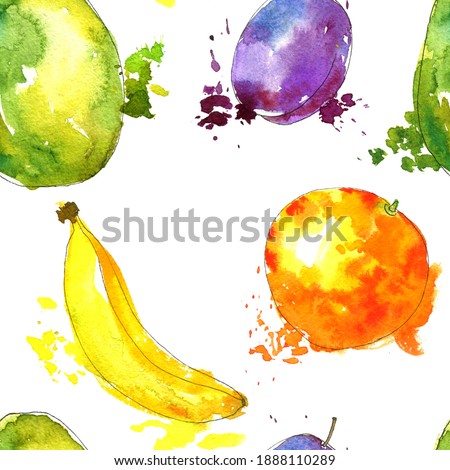 watercolor seamless pattern with drawing fruits and paint splashes, hand drawn illustration